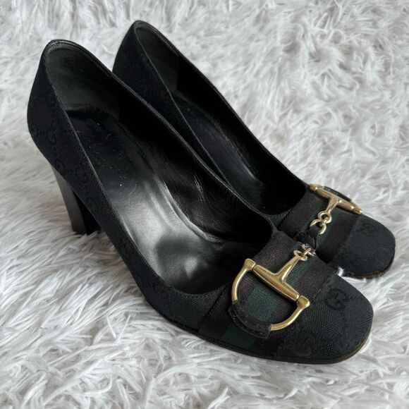 Vintage Y2K Gucci Black GG Web Block Heel Pumps with Gold Horsebit Size 8 - Picture 1 of 12